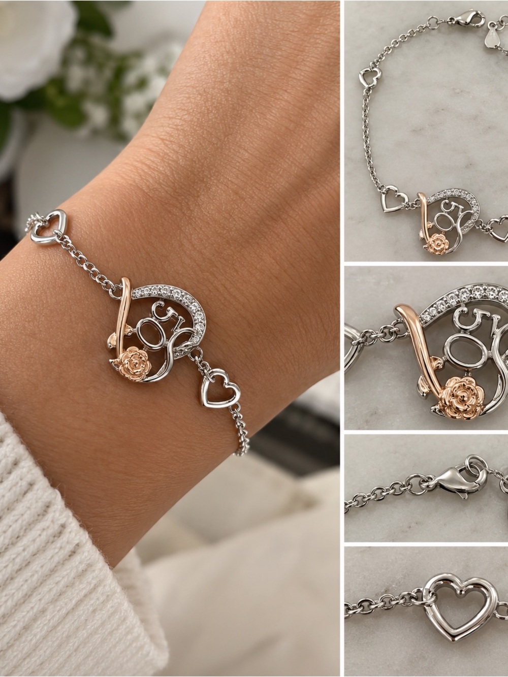 Silver and Rose Gold Heart & Floral Chain Bracelet
